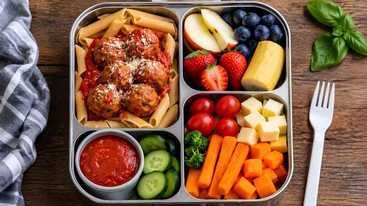 Healthy Bento Box Lunch with Pasta, Fresh Fruits, and Colorful Veggies for Kids and Adults