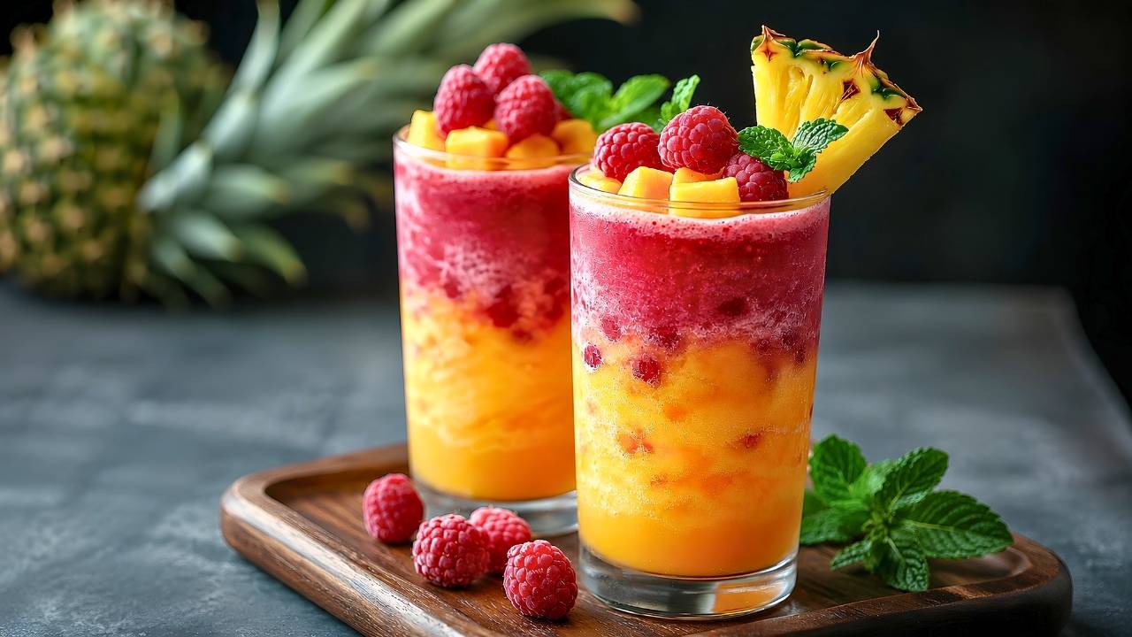 Refreshing Tropical Fruit Smoothie Recipe with Pineapple, Mango, and Fresh Raspberries