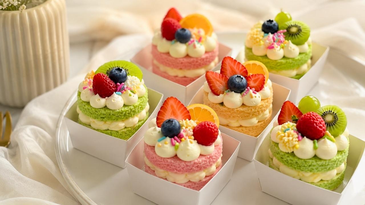 Beautiful Pastel Mini Cakes Topped with Fresh Fruit for Elegant Desserts
