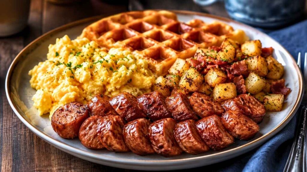 Hearty Breakfast Spread on a Rustic Wooden Table with Fresh Homemade Morning Favorites and Hot Coffee
