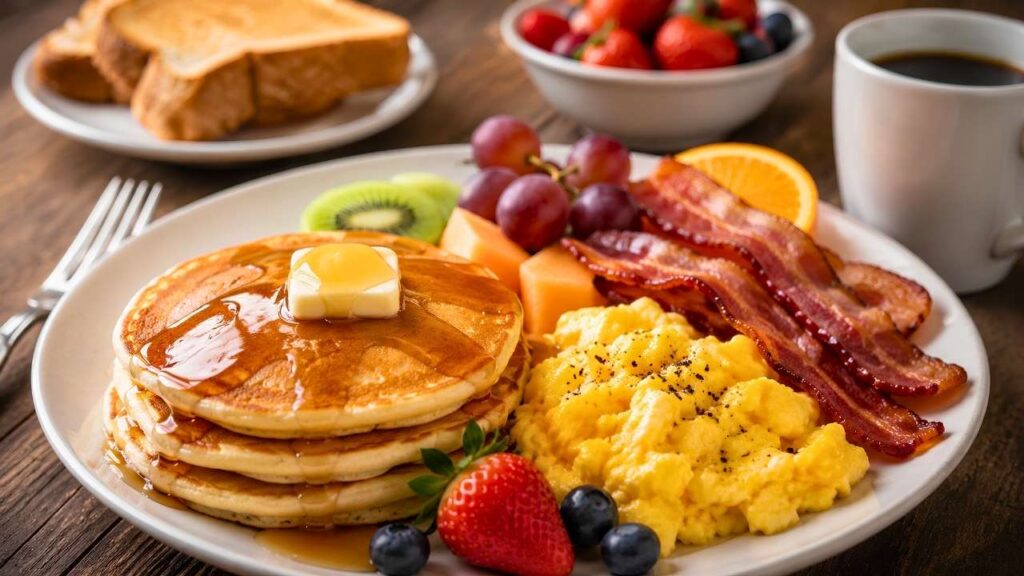 Hearty Breakfast Spread on a Rustic Wooden Table for a Cozy and Delicious Family Morning