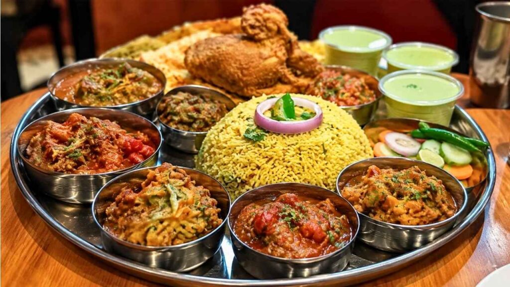 Traditional Indian Thali Feast on a Wooden Table – Authentic Homemade Indian Food Platter with Curry, Rice, Bread, and Delicious Side Dishes