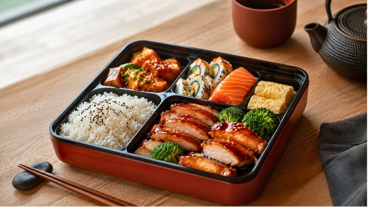 Authentic Japanese Bento Box with Teriyaki Chicken, Fresh Sushi, Rice, and Traditional Japanese Side Dishes