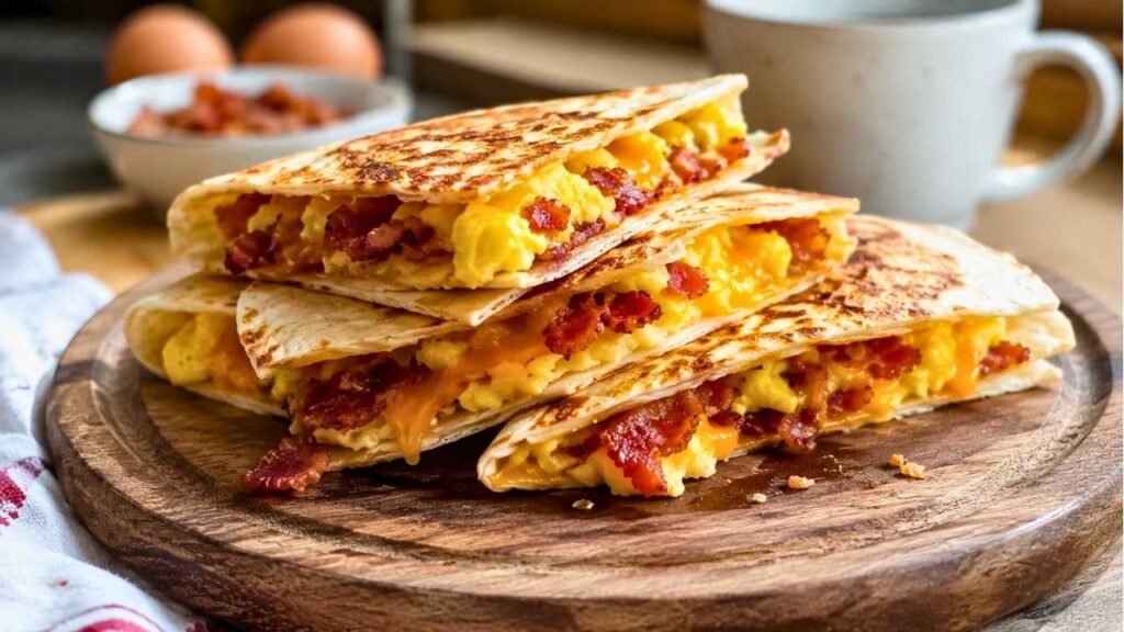 Cheesy Breakfast Wraps with Crispy Bacon, Fluffy Scrambled Eggs, and Melted Cheddar Cheese for the Perfect Breakfast