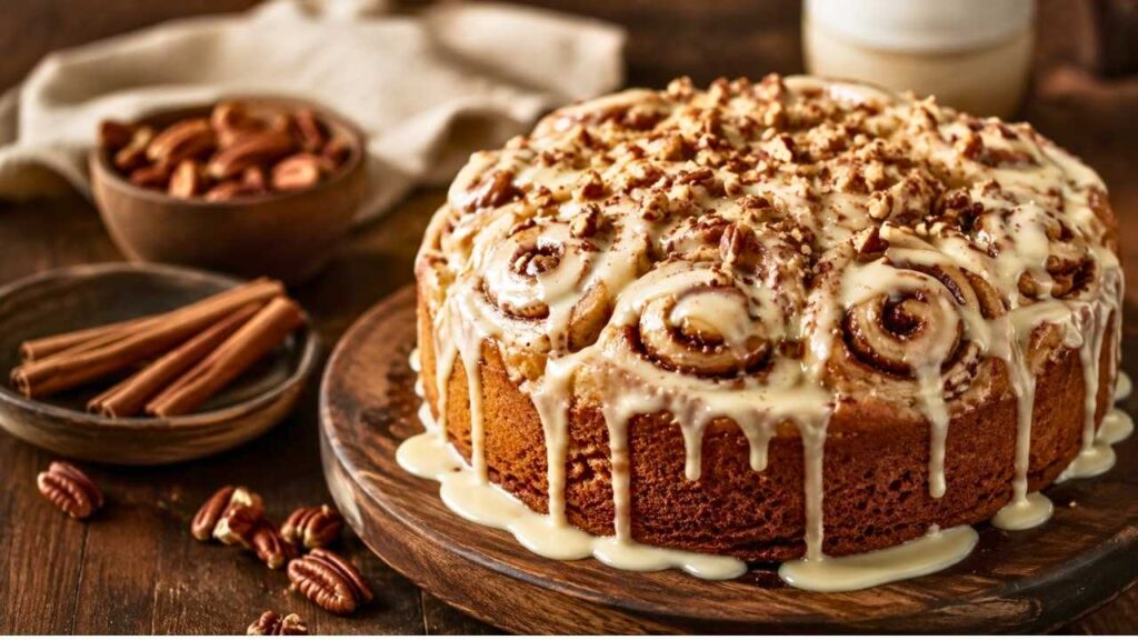 Easy Cinnamon Roll Cake with Crunchy Pecans – Soft, Gooey, Sweet, and Perfect for Breakfast or Dessert
