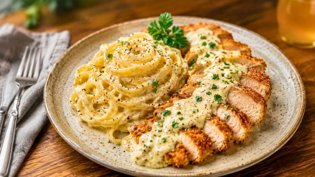 Easy Creamy Pasta with Crispy Chicken Cutlet – Rich, Cheesy, Restaurant-Style Dinner Recipe