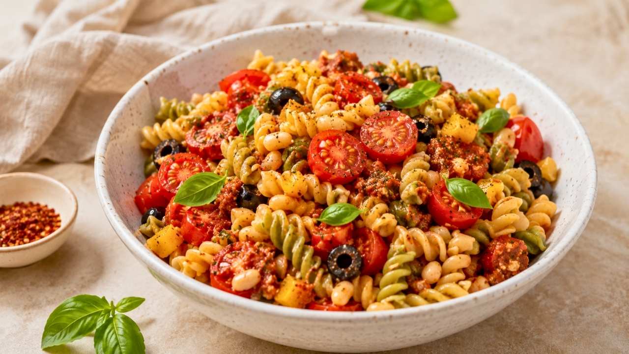 Easy Rustic Pasta Salad with Fresh Basil, Cherry Tomatoes, and Homemade Italian Dressing for Summer Meals