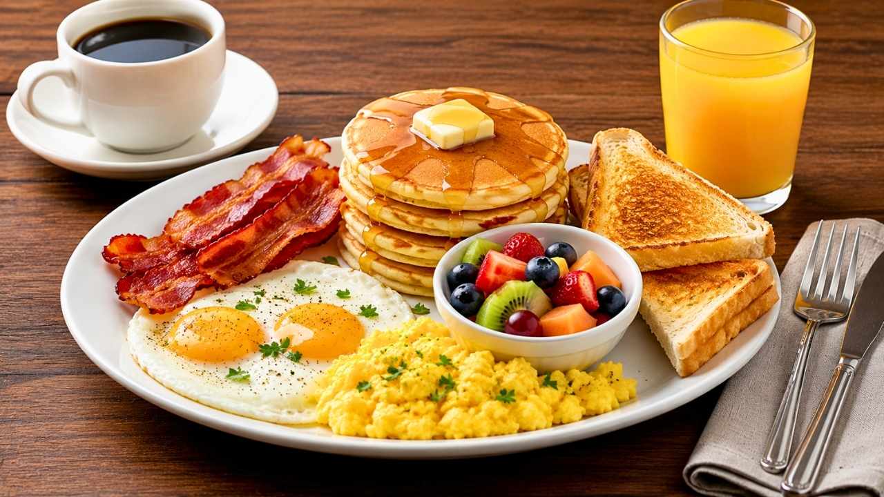 Hearty Breakfast Spread on a Rustic Wooden Table with Fresh and Delicious Morning Favorites