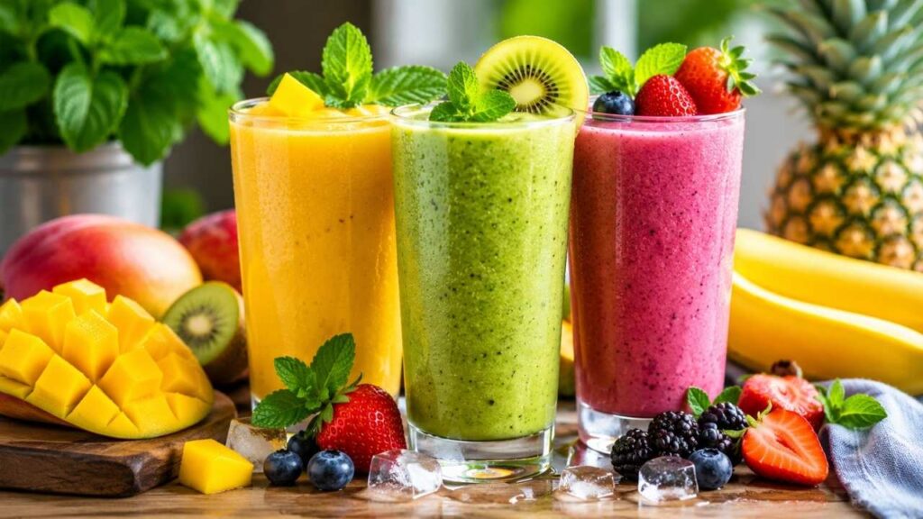 Vibrant Fruit Smoothies on a Wooden Table – Fresh, Healthy, and Delicious Homemade Drink Ideas for Every Day