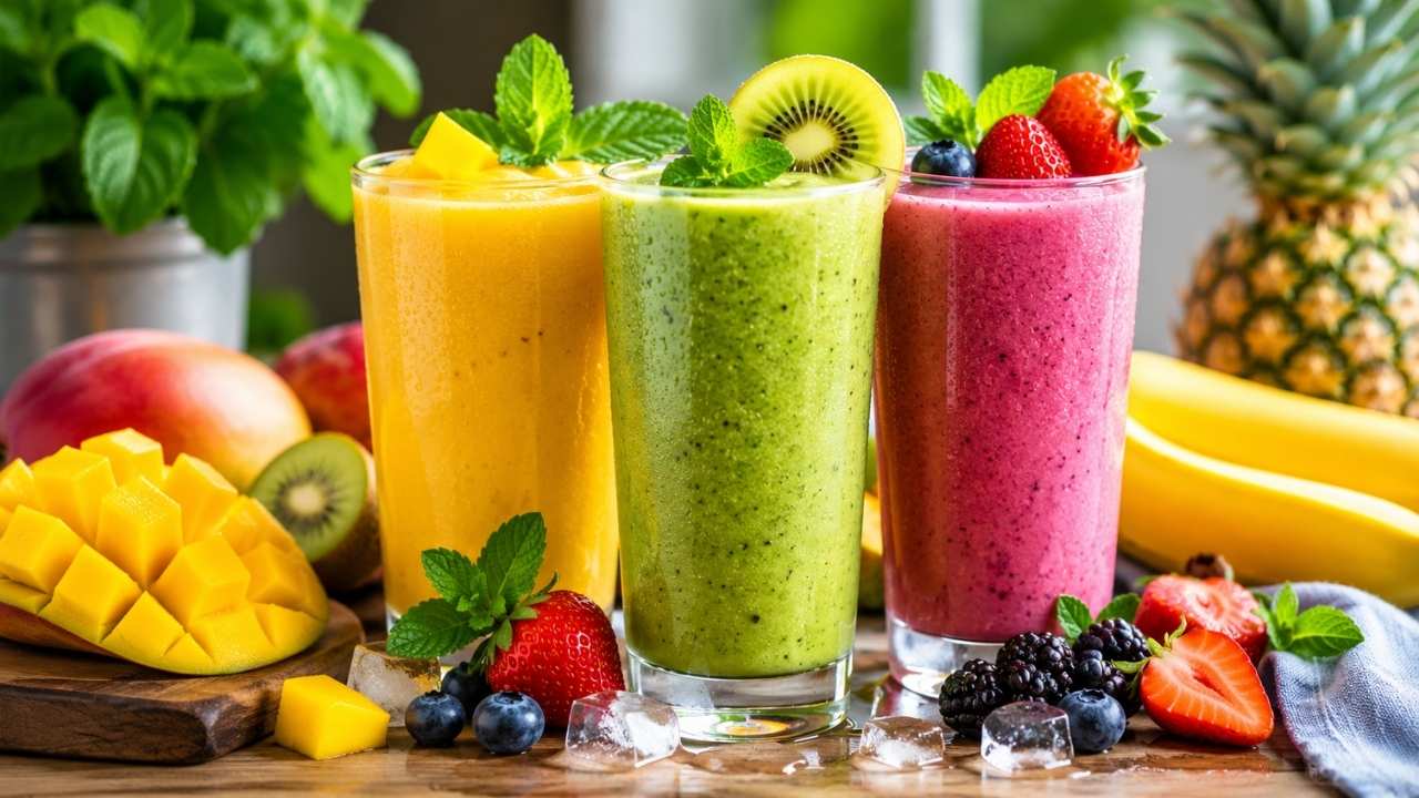 Vibrant Fruit Smoothies on a Wooden Table – Fresh, Healthy, and Delicious Homemade Drink Ideas for Every Day