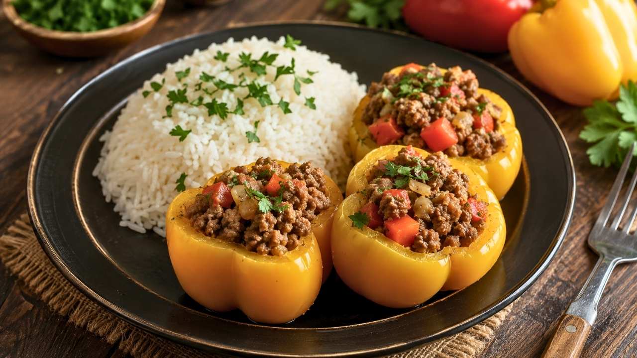 Stuffed Bell Peppers Filled with Seasoned Rice – Easy Homemade Comfort Food Recipe for a Rustic Family Dinner