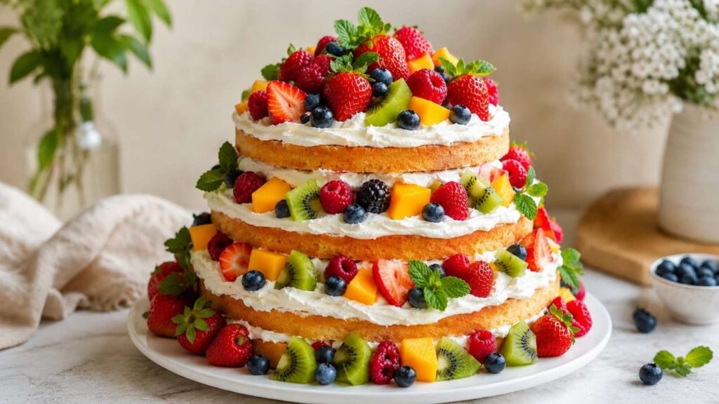 Fresh Fruit Layered Cake Centerpiece with Colorful Seasonal Fruits for Elegant Party Desserts and Special Celebrations