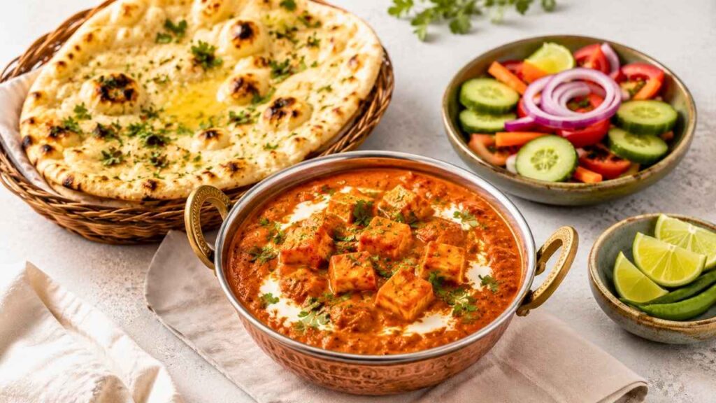 Easy Homemade Paneer Butter Masala with Soft Naan Bread and Fresh Garden Salad – A Delicious Indian Dinner Recipe Everyone Will Love