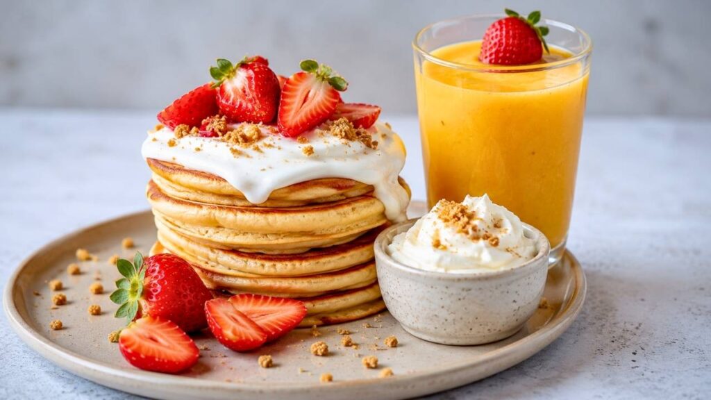 Easy Fluffy Pancakes with Fresh Strawberries and Crunchy Granola for a Delicious Breakfast