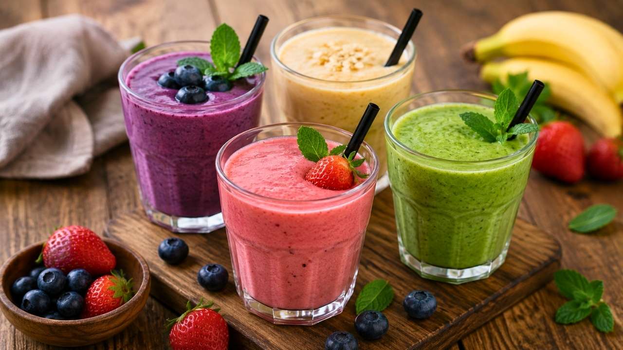 Vibrant Smoothies on a Rustic Table: Easy, Healthy, and Colorful Drink Ideas for Every Day