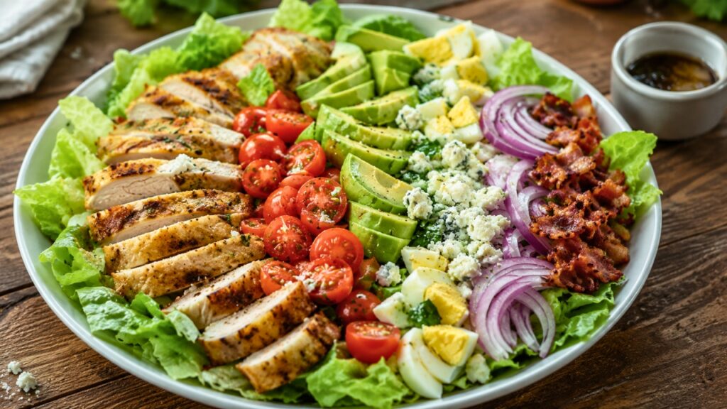Fresh Cobb Salad on a Rustic Wooden Table – Easy Healthy American Salad Recipe with Chicken, Bacon, Avocado, Eggs, and Fresh Vegetables