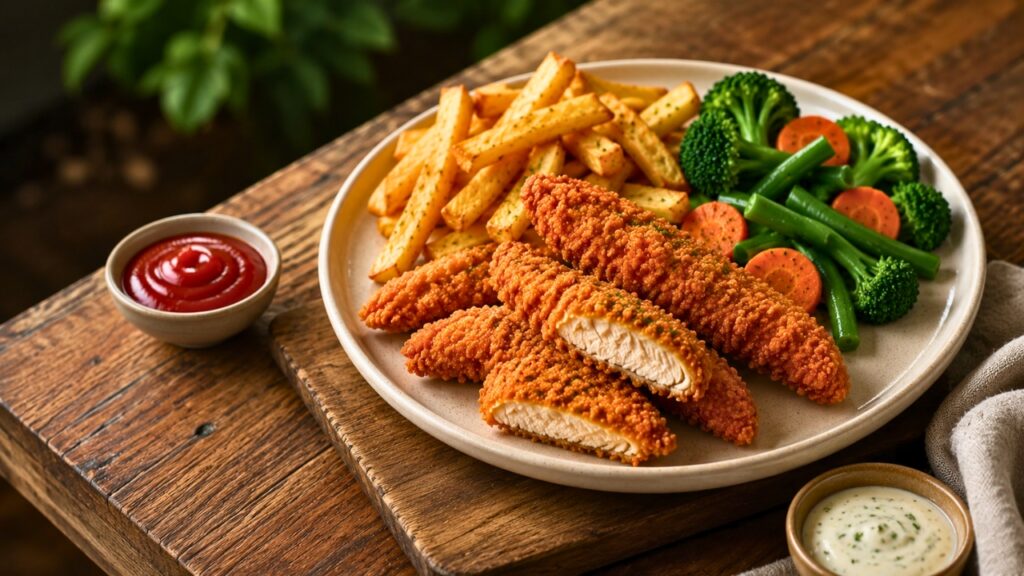Crispy Chicken Tenders with Golden Fries and Fresh Garden Vegetables – A Delicious Family Meal Favorite