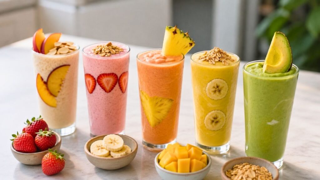 Colorful Smoothie Lineup Made with Fresh Fruits for Healthy and Delicious Drinks