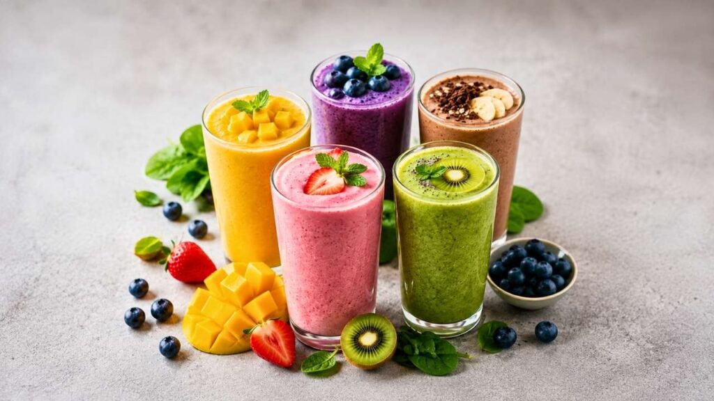 Vibrant Smoothie Platter with Fresh Fruits – A Healthy, Colorful, and Refreshing Breakfast Idea for Every Day