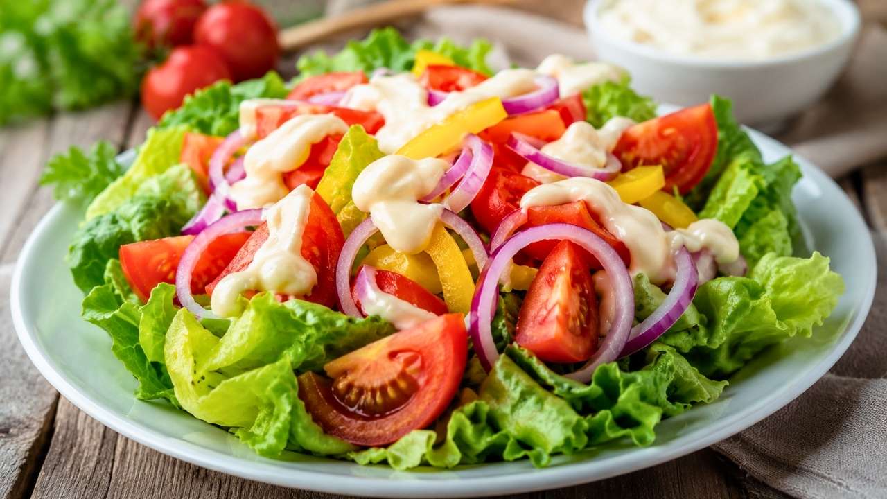 Fresh and Colorful Garden Salad on a Wooden Table – Healthy Homemade Vegetable Salad Recipe for Lunch or Dinner