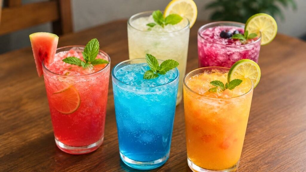 Colorful Cocktails on a Rustic Wooden Table – Vibrant Mixed Drink Ideas for Parties and Celebrations