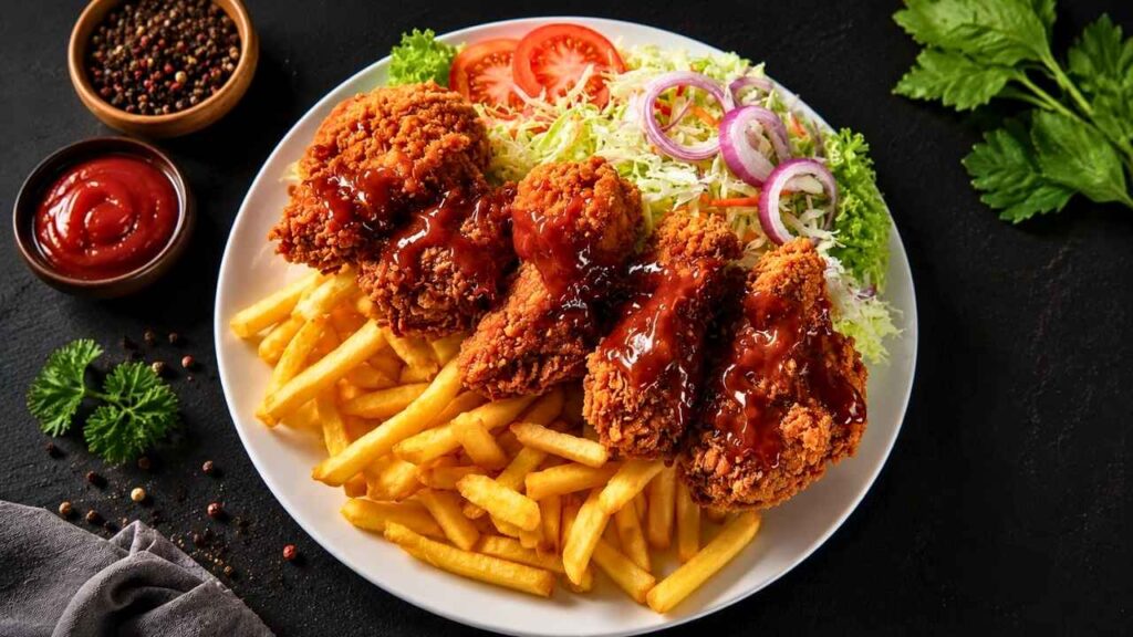 Crispy Fried Chicken with French Fries and Fresh Salad for a Delicious and Satisfying Family Meal