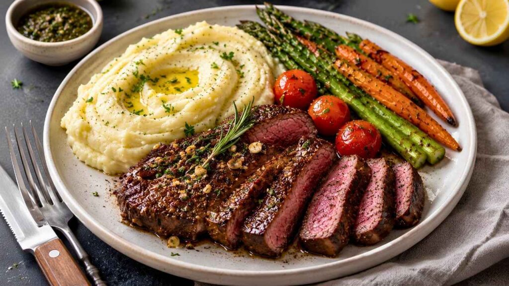 Juicy Garlic Butter Steak with Creamy Mashed Potatoes and Roasted Vegetables Recipe