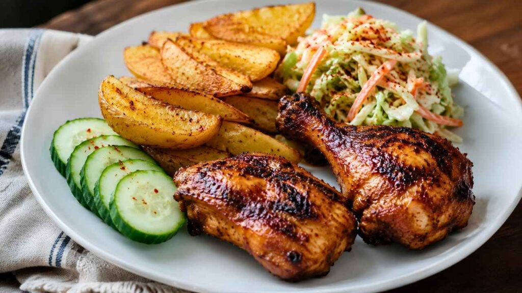 Delicious Grilled Chicken Dinner Plate with Roasted Potatoes and Homemade Coleslaw