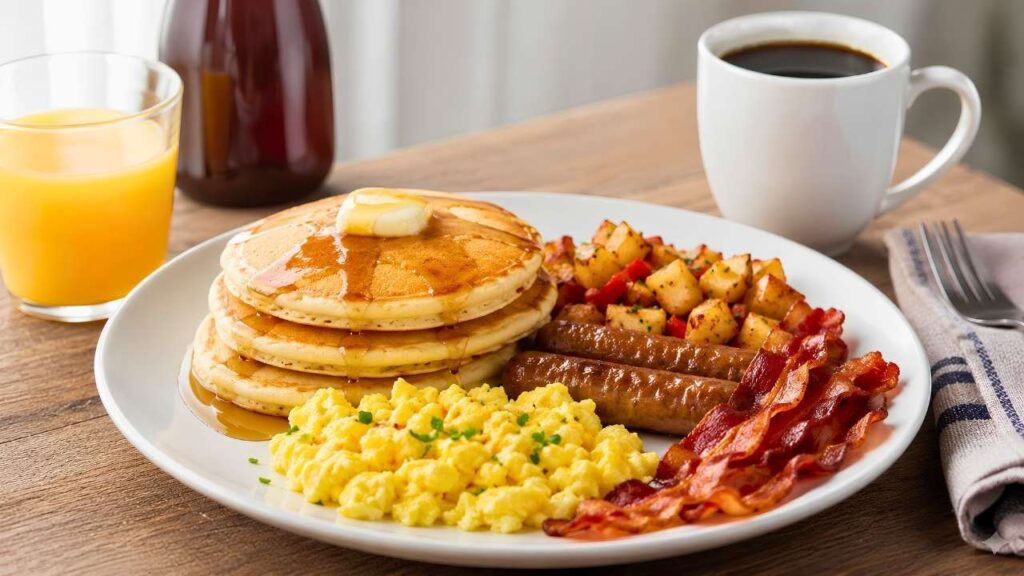 Ultimate American Breakfast Platter with Fluffy Pancakes, Crispy Bacon, Eggs, Sausages, Hot Coffee and Fresh Orange Juice