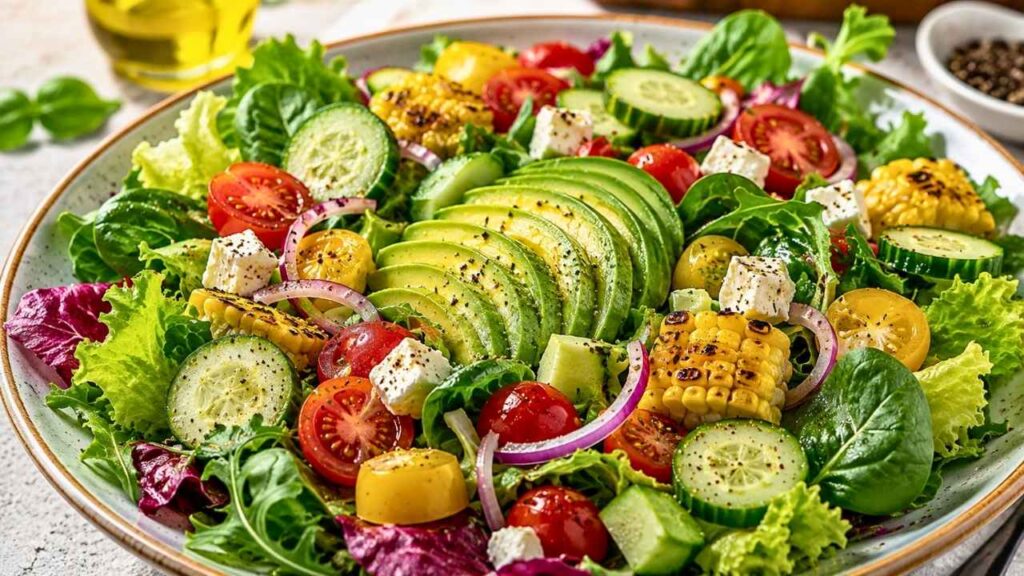 Fresh Vibrant Salad with Avocado, Cucumber, Tomatoes and Mixed Greens for a Healthy Lifestyle