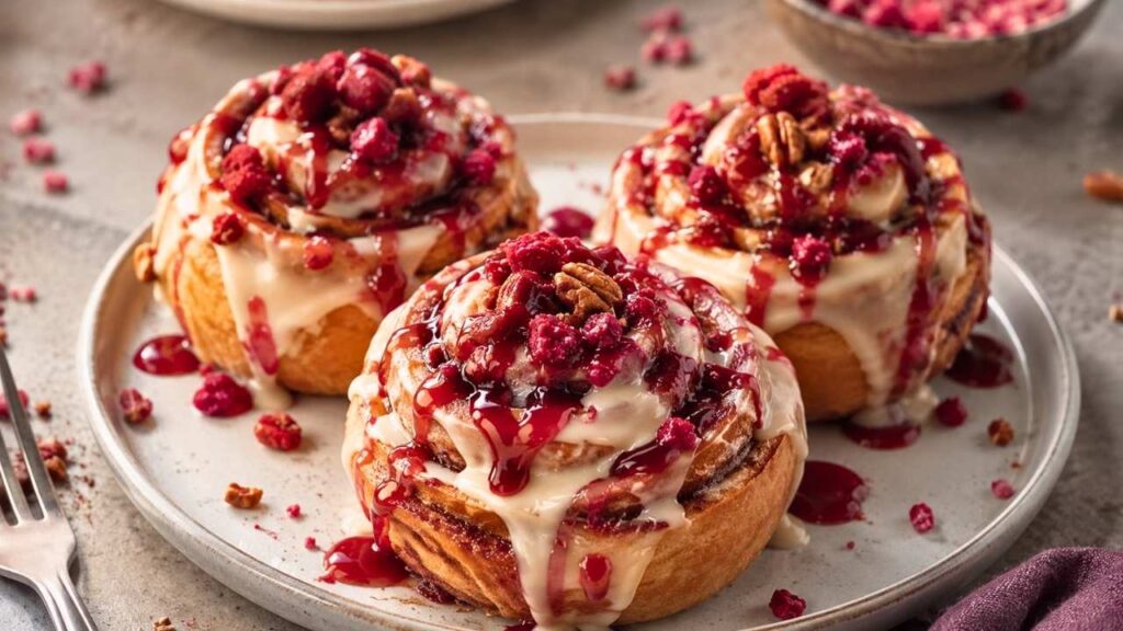 Soft and Gooey Cinnamon Rolls with Sweet Berry Drizzle, Creamy Icing, and Crunchy Nuts