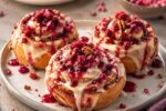 Soft and Gooey Cinnamon Rolls with Sweet Berry Drizzle, Creamy Icing, and Crunchy Nuts