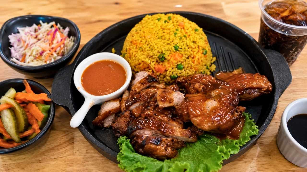 Delicious Fried Rice and Grilled Chicken Platter with Fresh Vegetables and Savory Flavor
