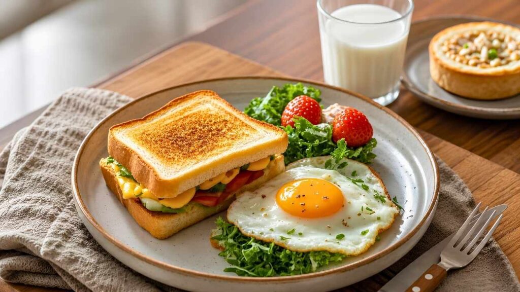 Healthy Homemade Rustic Breakfast Served on a Wooden Table with Sandwich, Sunny Side Up Egg, and Fresh Fruits