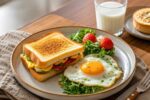 Healthy Homemade Rustic Breakfast Served on a Wooden Table with Sandwich, Sunny Side Up Egg, and Fresh Fruits