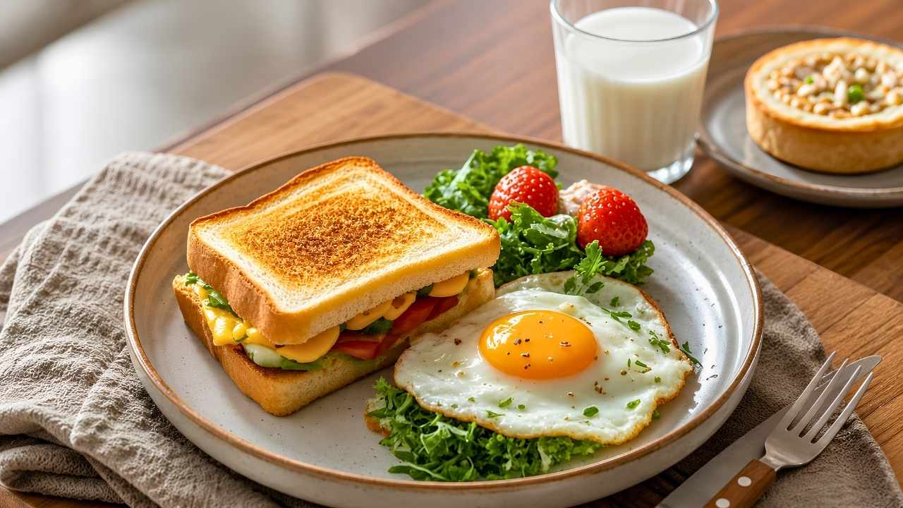 Healthy Homemade Rustic Breakfast Served on a Wooden Table with Sandwich, Sunny Side Up Egg, and Fresh Fruits