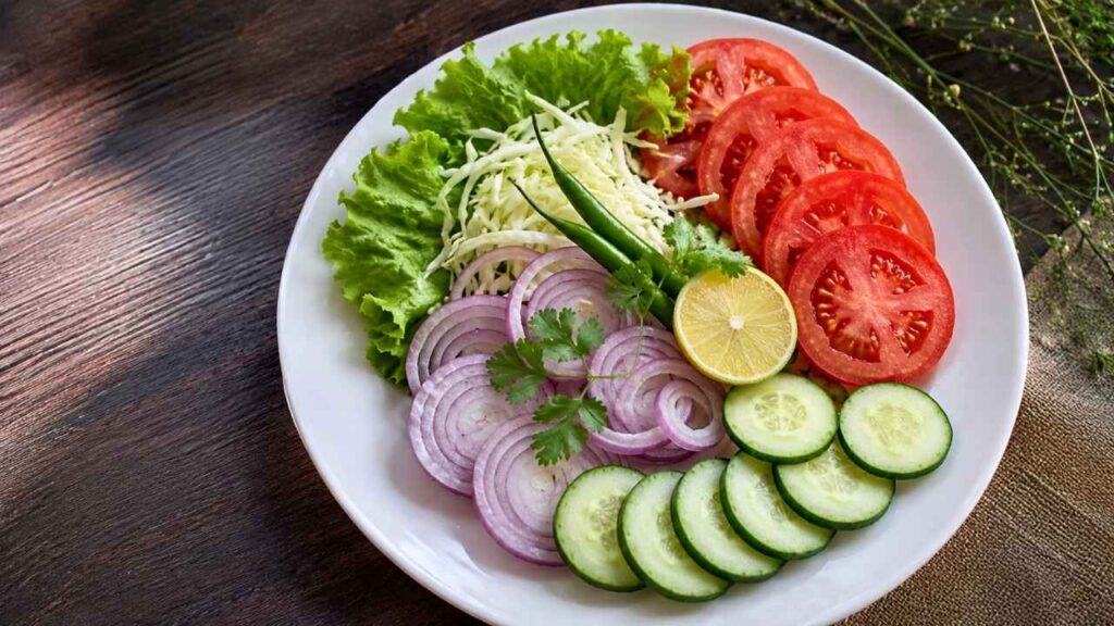 Fresh Veggie Salad on a Wooden Table – Healthy Garden Vegetable Salad with Fresh Ingredients and Rustic Style